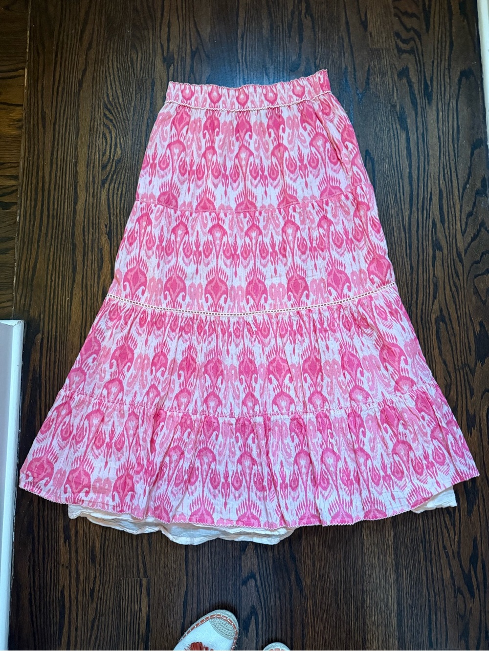 Pink Tiered Midi Skirt with Elastic Waist